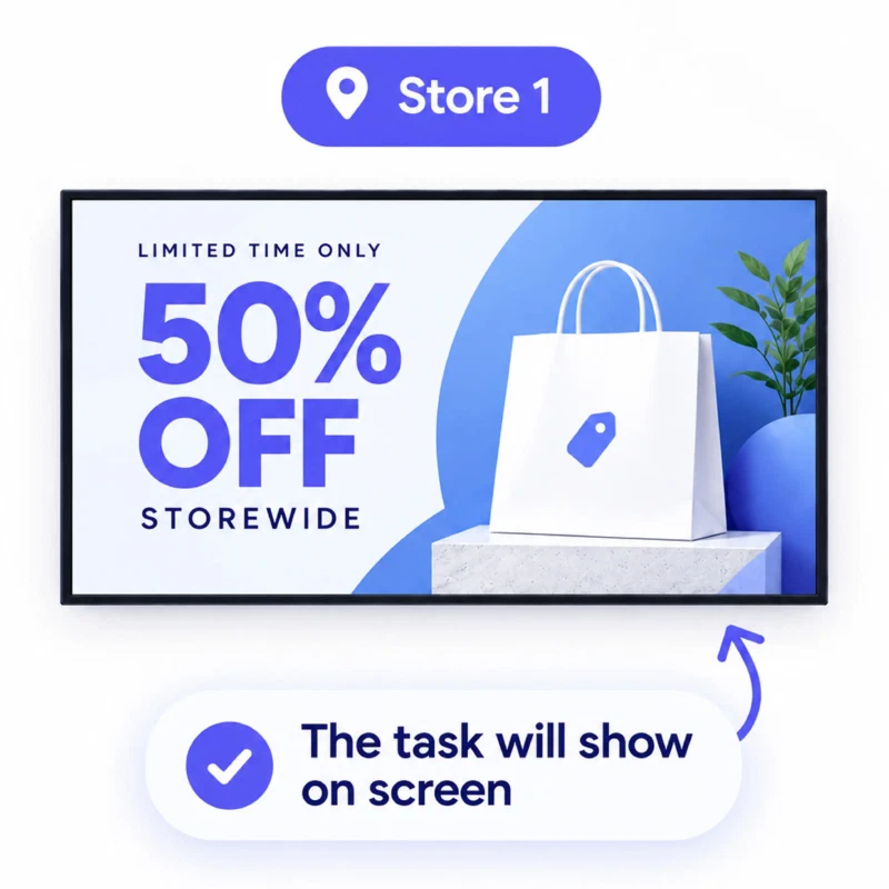 A store screen updated with a storewide sale promotion after the AI assistant published it