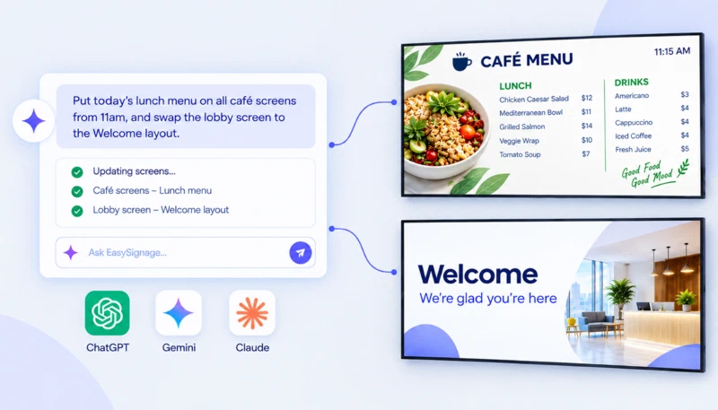 Asking an AI assistant to update café menu screens and the lobby welcome screen