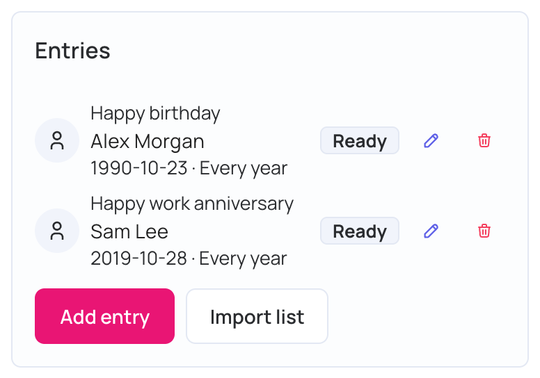 Entries with their status