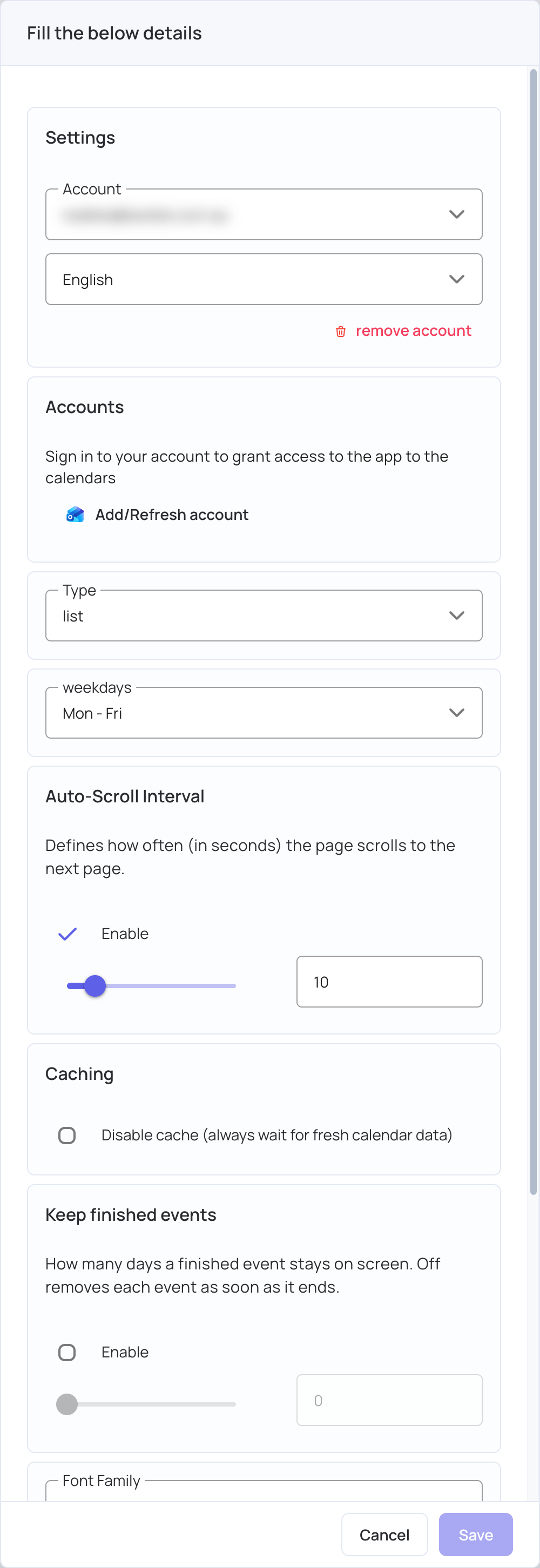 Outlook Calendar settings, top
