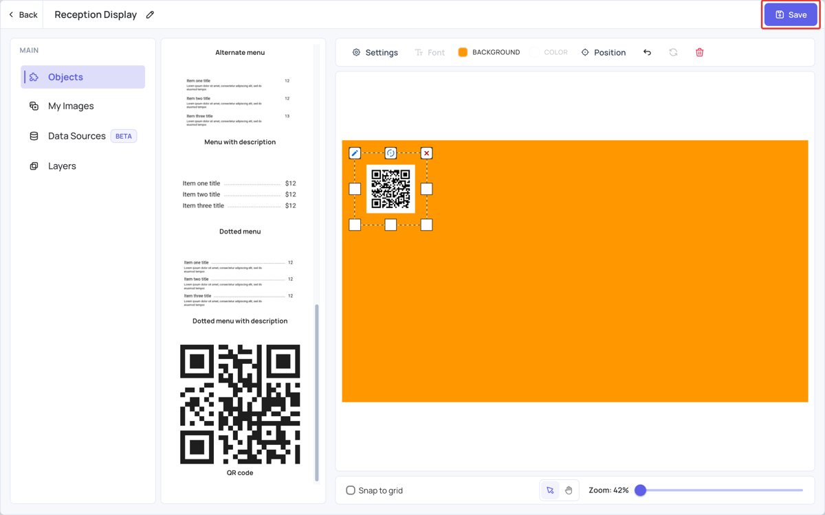 The QR code in the template editor