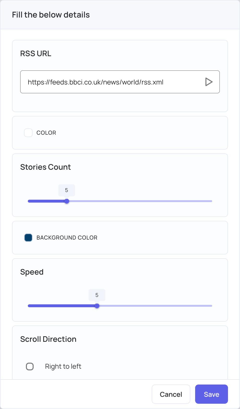 RSS Ticker settings