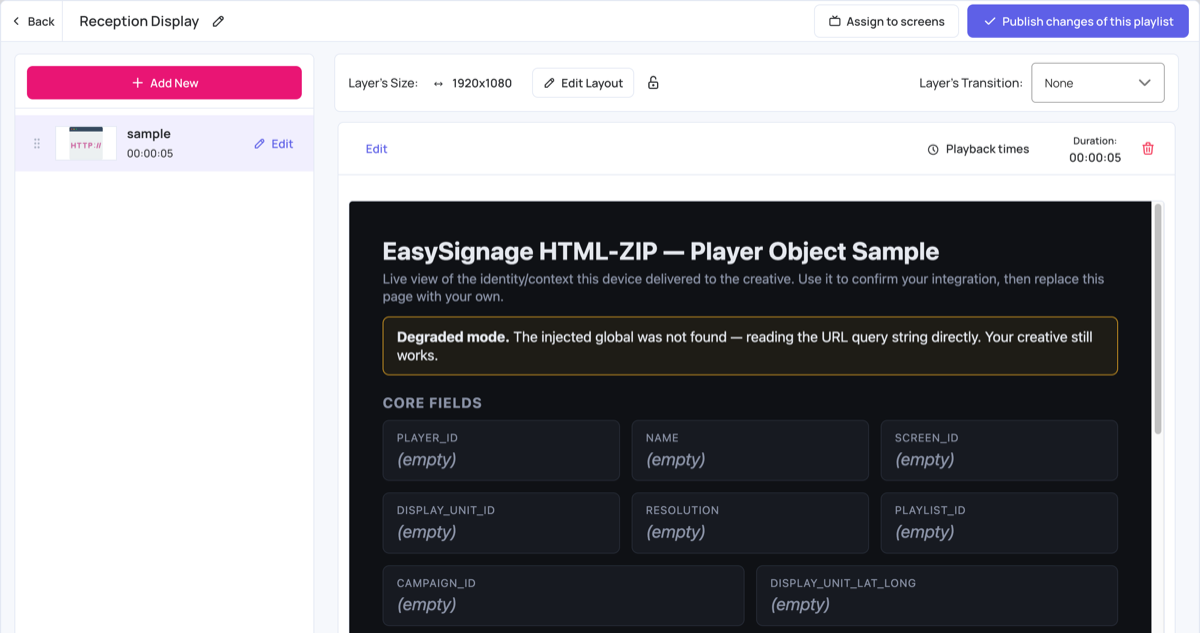 The sample custom app in a playlist layer