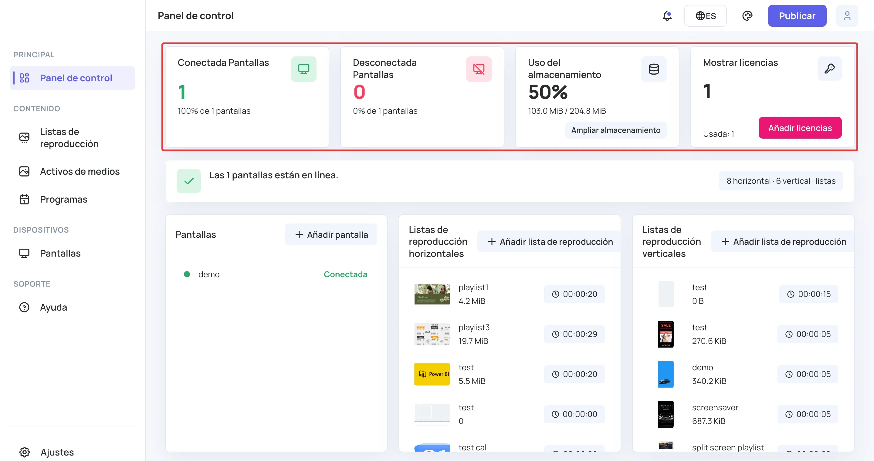 Fila de estadísticas del sistema