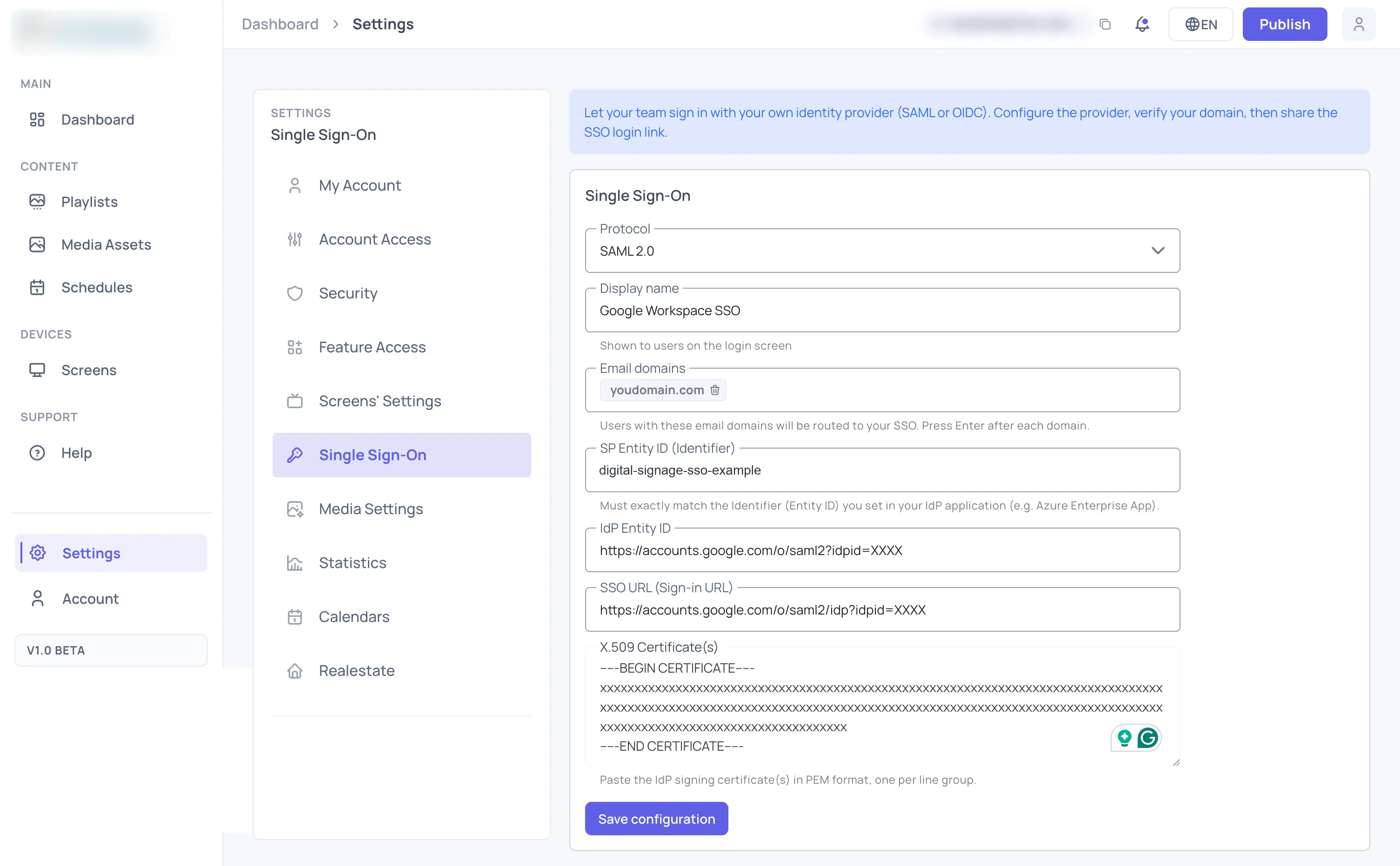 EasySignage Single Sign-On Settings