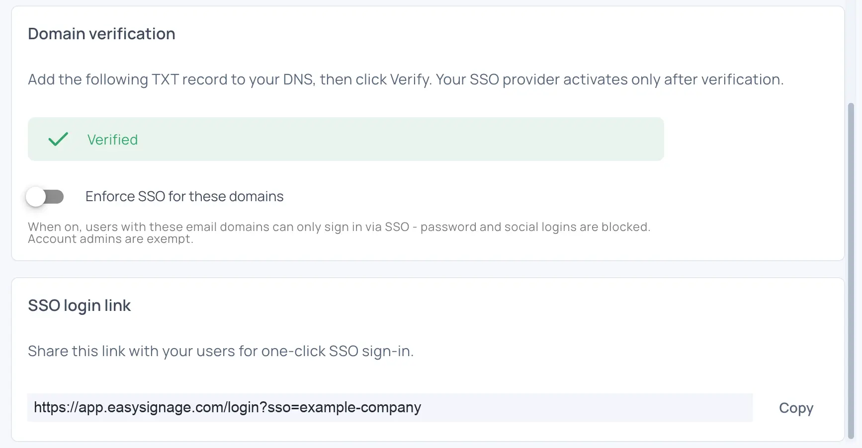 EasySignage Verified SSO Settings