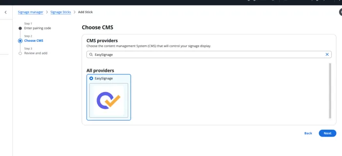Selecting EasySignage as the CMS provider in the Amazon Signage Manager console