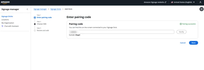 Enter pairing code step in the Amazon Signage Manager console