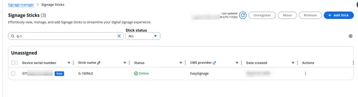 Signage Sticks list in the Amazon Signage Manager console showing stick status, CMS provider, and the Add Stick button