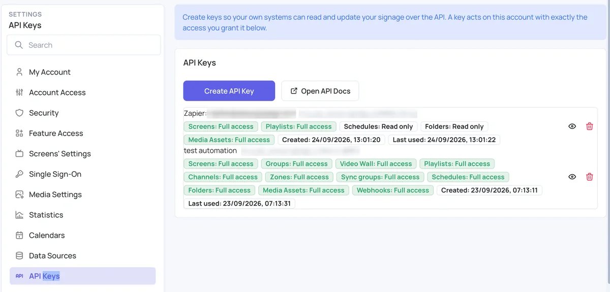 The Zapier connection under Settings, API Keys