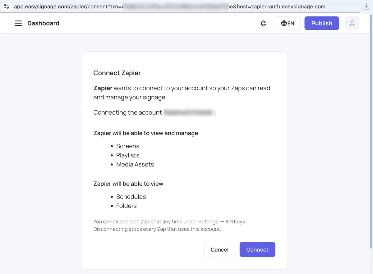 The EasySignage consent screen