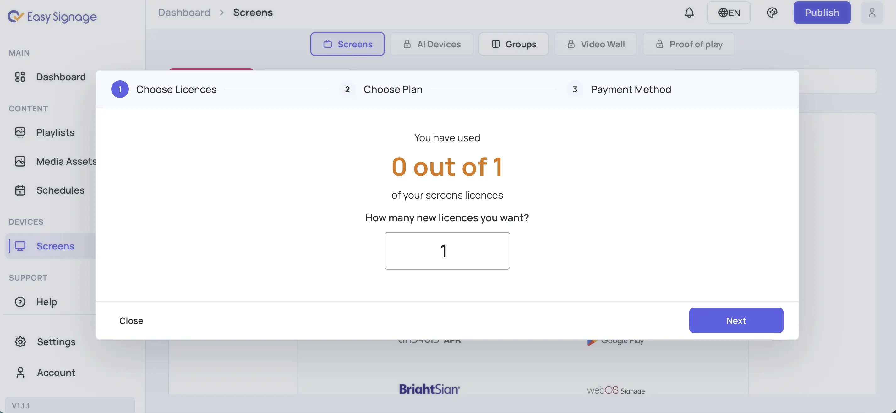 Select number of licenses