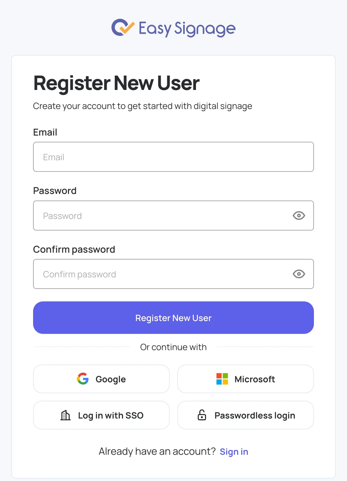 Register New User form in the EasySignage management console