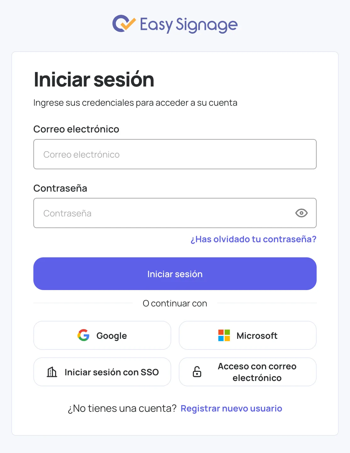 Formulario Iniciar sesión en la consola de administración de EasySignage