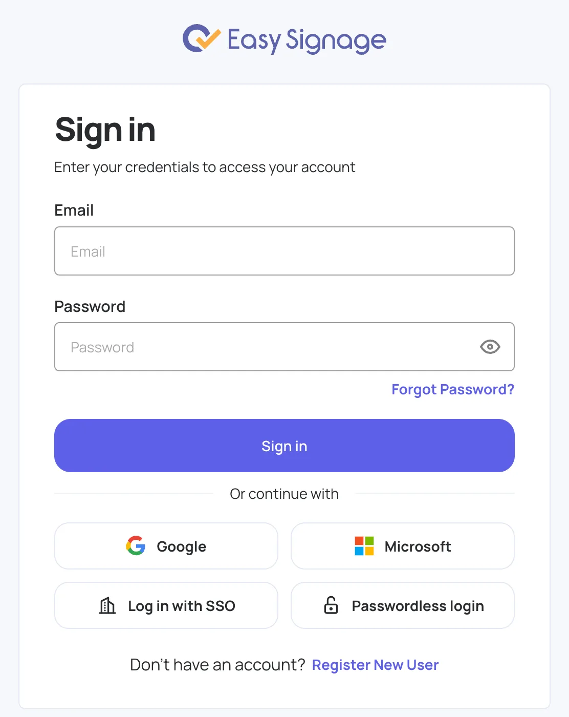 Sign in form in the EasySignage management console