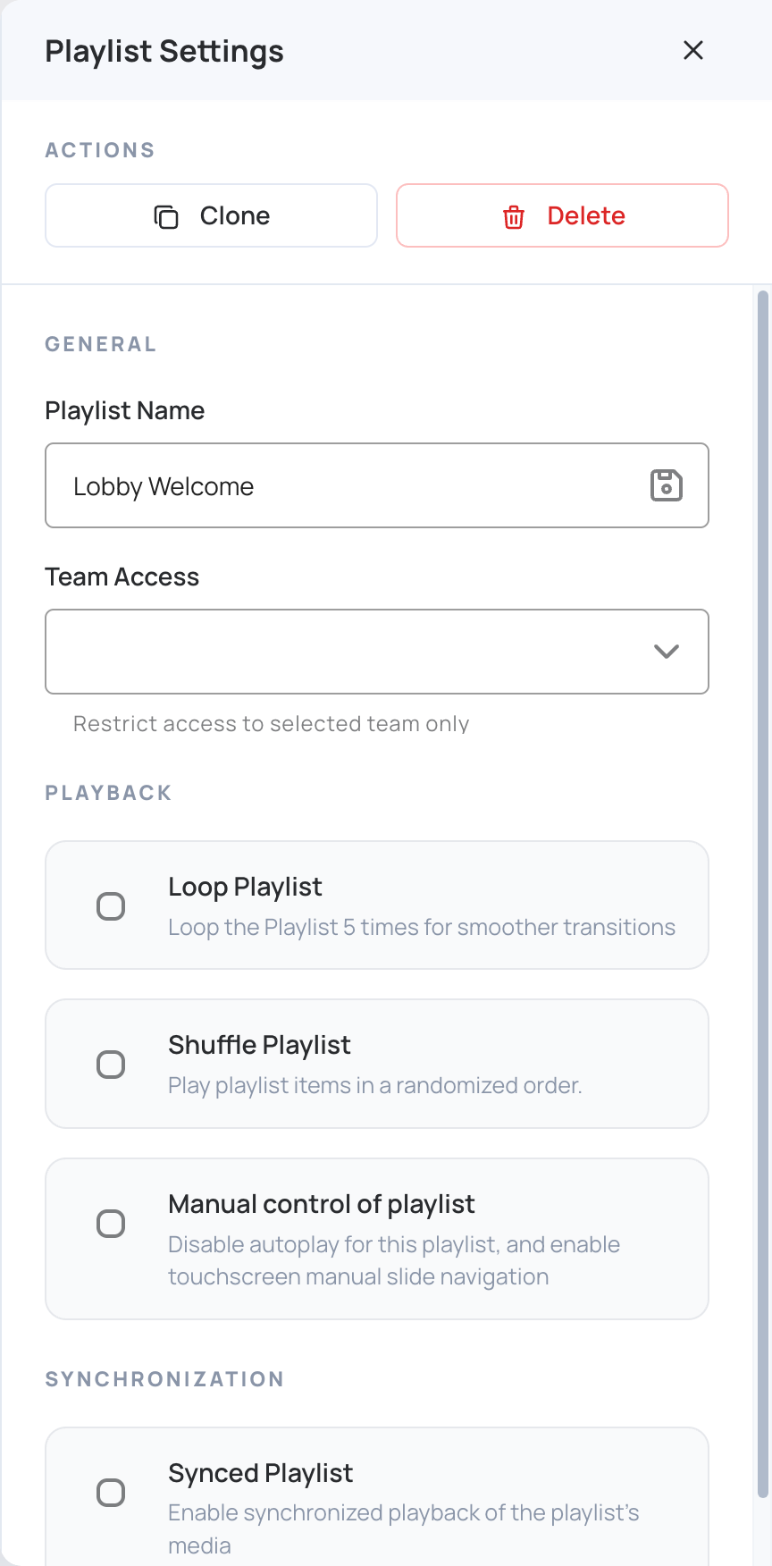 Playlist Settings panel