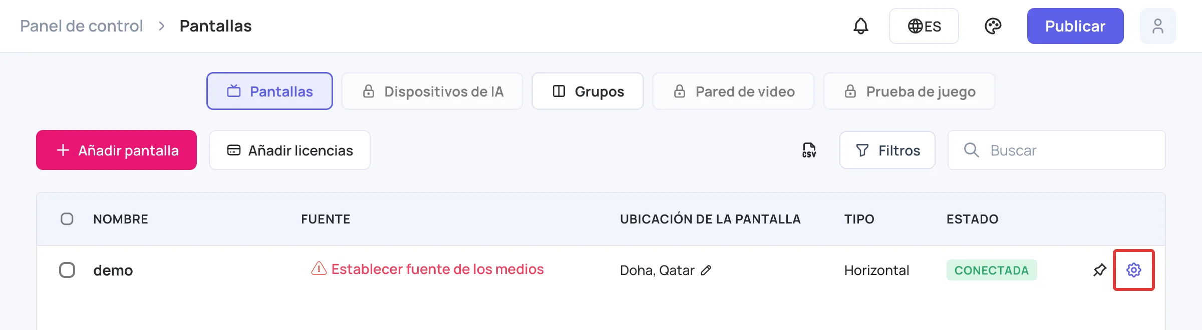 Icono Detalles de la pantalla en la lista de pantallas