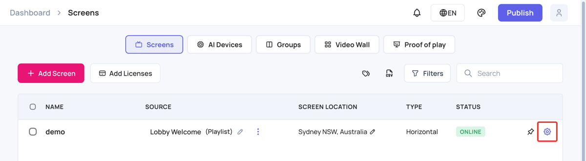 Screen Details icon on the Screens list