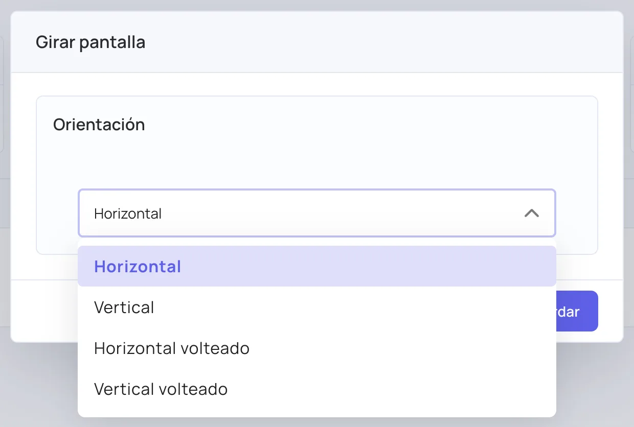 Diálogo Girar pantalla con la lista Orientación abierta