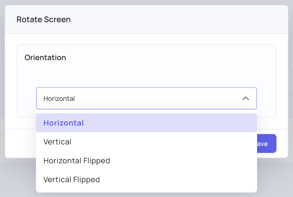 Rotate Screen dialog with the Orientation list open