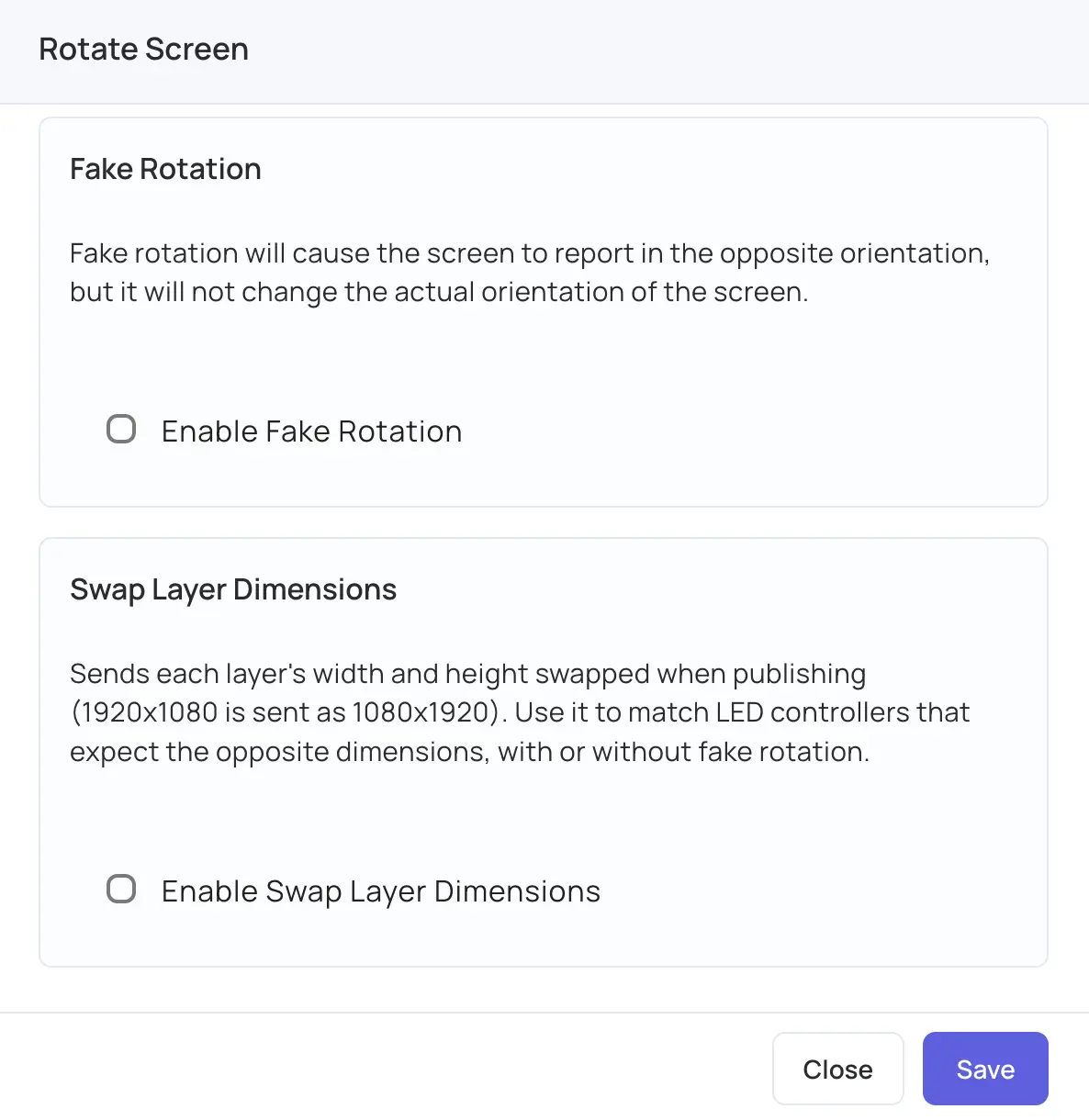 Rotate Screen dialog with the Fake Rotation and Swap Layer Dimensions options