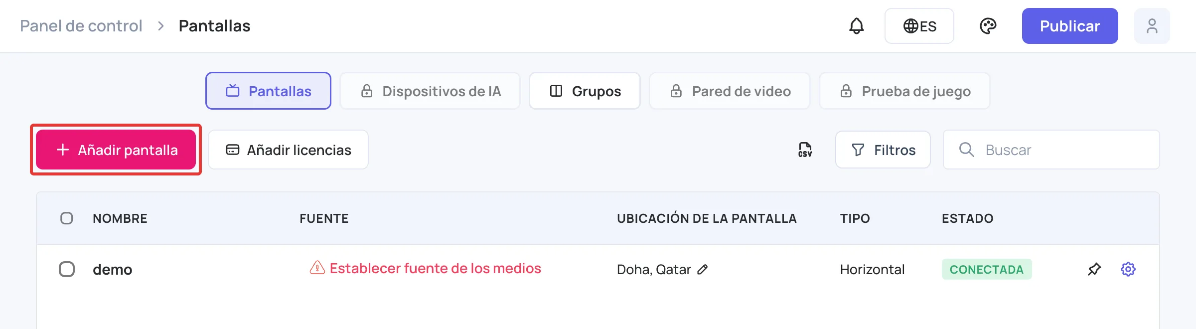Página Pantallas con el botón Añadir pantalla
