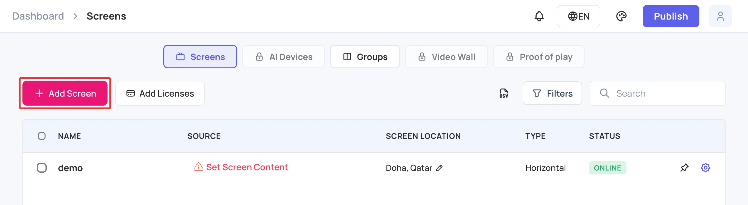 Screens page with the Add Screen button