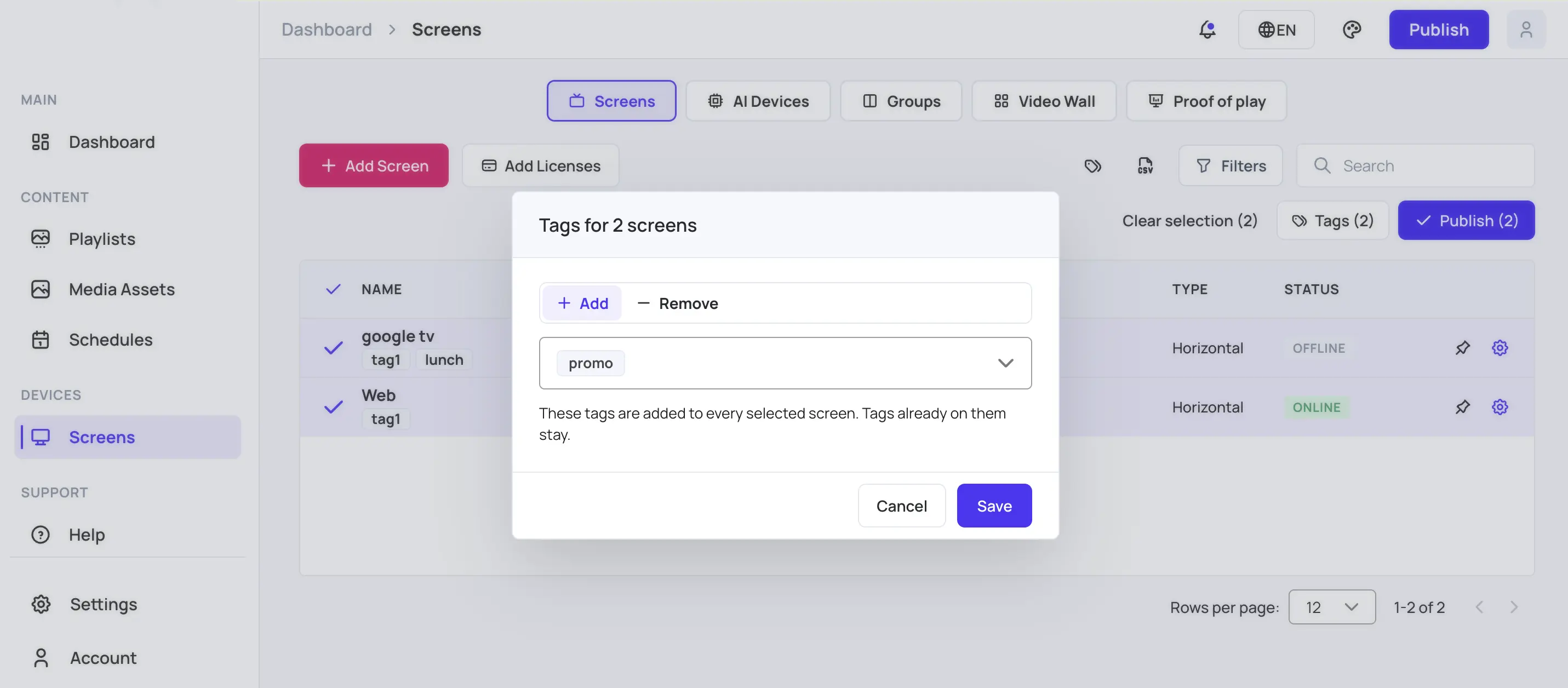 Tag Screens