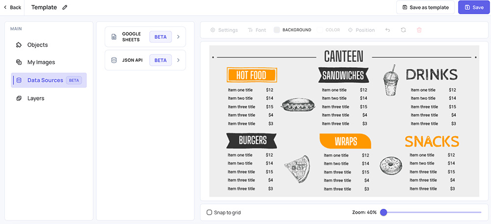 Add a dynamic table from a data source