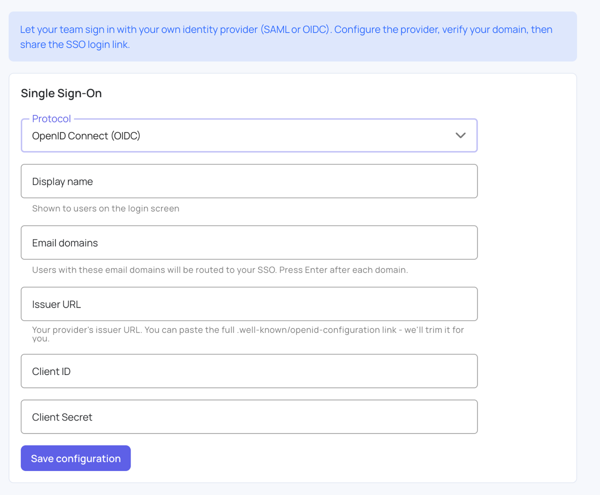 SSO settings with OpenID Connect selected