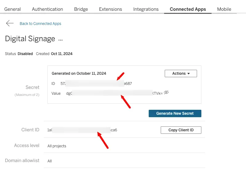 tableau dashboard onnected app credentials